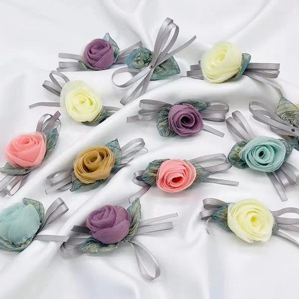 Dekorative Blumen 10 Stück handgemachte Gaze Organza Stoff künstliche Rose gefälschte mit Blatt Hochzeitskleid Kleidung Mädchen Zubehör Dekoration