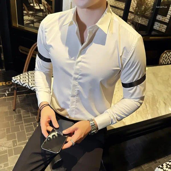 Camisas casuais masculinas qualidade braço webbing decoração manga longa para roupas masculinas todos os jogos magro ajuste camisa social vestido preto/branco 3xl