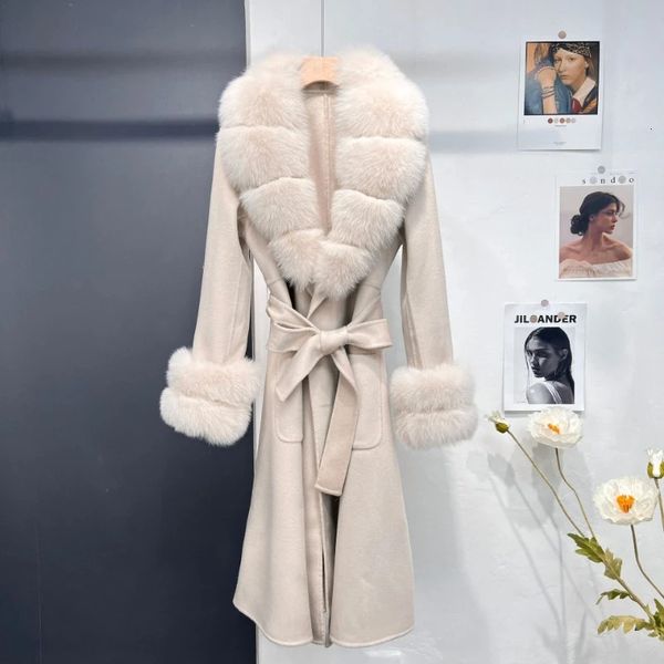 Pele feminina pele sintética longa lã misturada jaqueta de inverno mulheres casaco de pele real natural gola de pele de raposa punhos feminino quente grosso outerwear streetwear 231127