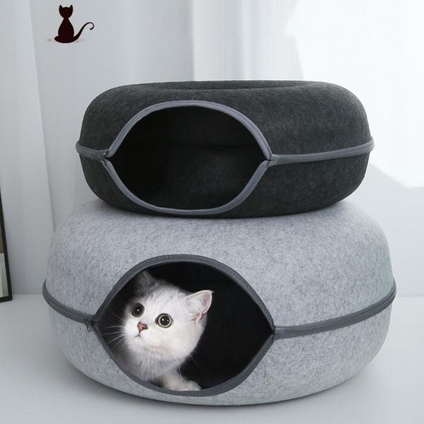 Cama redonda de rosquinha para gato com zíper, cesta de casa de gato, feltro natural, ninho de caverna de coelho, brinquedo interativo engraçado, túnel de animal de estimação, acessórios para gatos