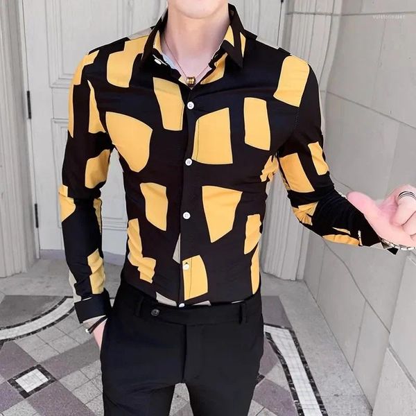 Camisas casuais masculinas moda impressa polo botão camisa de manga comprida 2023 outono extra grande top solto coreano