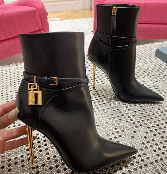 Berühmte Marke Winter Designer Leder Wildleder Padlock Ankle Boot Schwarz Grau Braun Wildleder Slouchy Woman Bootie verziertes Spiel Mid Calf Block Heel Stretch 35-43