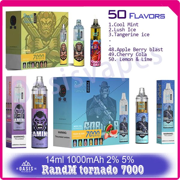 Original Randm Tornado 7000 sbuffi a vape per vapodinamica elettronica Sigarette elettroniche da 14 ml bobina a mesh 6 50 gusti gusti colori luminosi del dispositivo ricaricabile per aria regolabile 7k