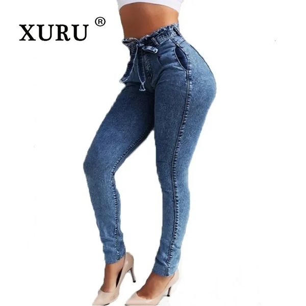 Damenjeans XURU Europäische und amerikanische Slim Fit elastische Quaste für Frauen Sexy Gürtel hohe Taille lang K7692 231127