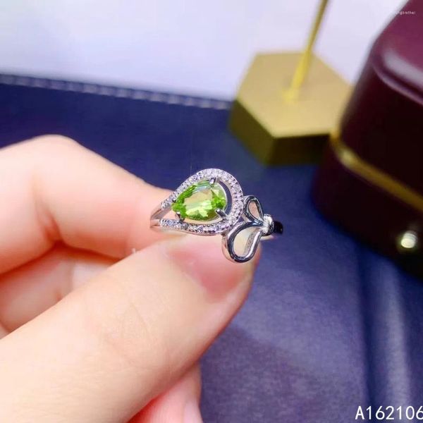 Anelli a grappolo in argento puro 925 stile cinese con peridoto naturale da donna di lusso nobile goccia d'acqua anello con gemma regolabile supporto per gioielleria raffinata