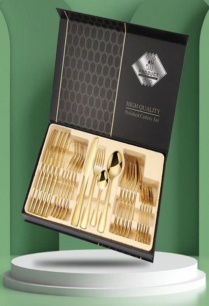 Set di posate di fascia alta in acciaio inossidabile 24 pezzi Set di stoviglie addensate Forchetta da bistecca Coltello da cena Cucchiai da zuppa Set di cucchiai da dessert Tab4379457