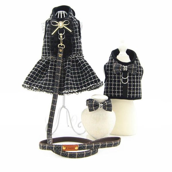 Sets schwarz kariertes Prinzessinnen-Hundekatzengeschirr-Kleid mit Leine-Set, kleines Hundegeschirr, Weste, modisches Hundezubehör, luxuriöses Welpenzubehör