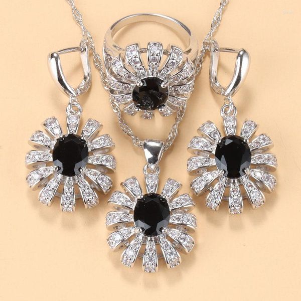 Kolye küpeler seti büyük çiçek aksesuarları siyah taş kadın moda gümüş renkli kolye yüzük ve setler