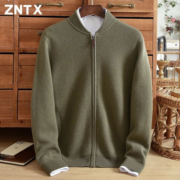 Suéter masculino ZNTX Pure cashmere cardigan masculino suéter grosso solto meia gola alta zíper meia idade pai terno cor sólida casaco quente malha 231127