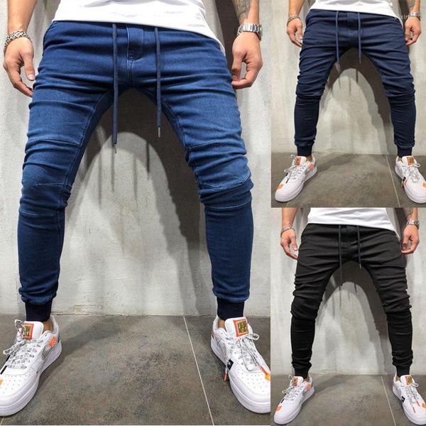 Jeans da uomo alla moda a vita alta attillati semplici pantaloni da uomo a forma sottile e allacciata con piedi piccoli