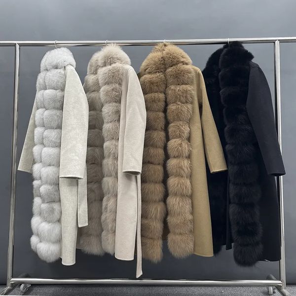 Misturas de lã feminina missjanefur casaco de caxemira com cinto feminino moda coreana luxo real pele guarnição longo trench inverno 231124