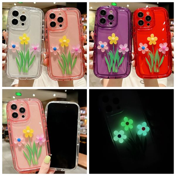 Linda flor brilha no escuro capas à prova de choque para iphone 15 14 pro max plus 13 12 11 xr x xs 8 7 6 iphone15 macio tpu luminoso primavera floral verão fino buraco telefone capa traseira