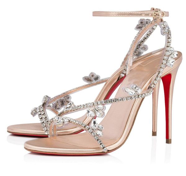 Elegante 2024S / S Joli Queen Sandálias Sapatos Redbottoms Dedo Do Pé Redondo Cristal Tiras Mulheres Salto Alto Festa De Casamento Senhora Bombas Sexy Andando EU35-44 Com Caixa