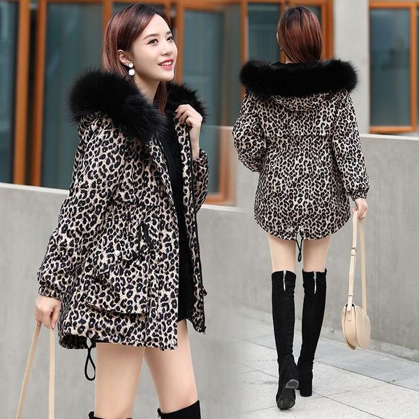 Couro fdfklak leopardo impressão jaqueta 2021 novo produto moda cintura magro comprimento médio grosso quente parkas mulher 2021 casaco de veludo dourado kurtka