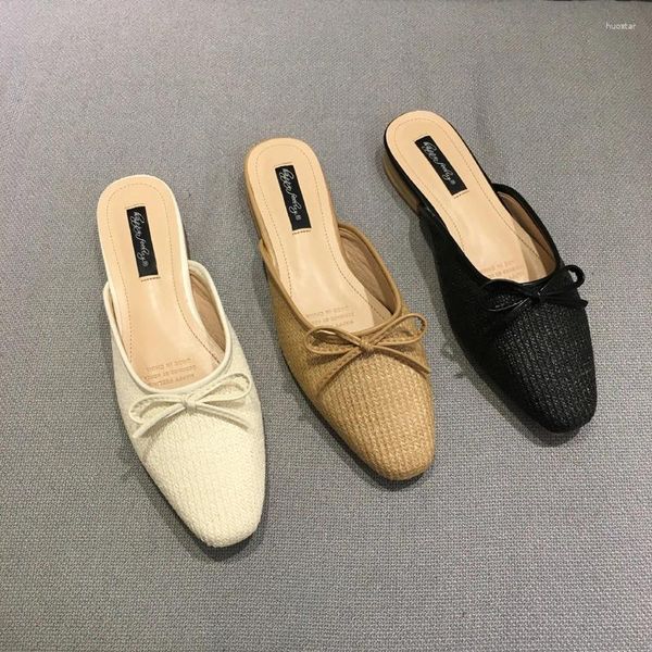 Hausschuhe Luxus Stroh Weave Mules Platz Close Toe Slip On Außerhalb Rutschen Frauen Elegante Bogen-gebunden Low Heels Sandalen flache Schuhe