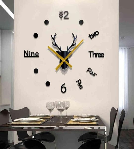 Orologio da parete 3D Adesivi murali a specchio Testa di cervo Creativo fai da te Grande orologio da parete Orologio al quarzo Art Decal Sticker Soggiorno Home Decor H3957973