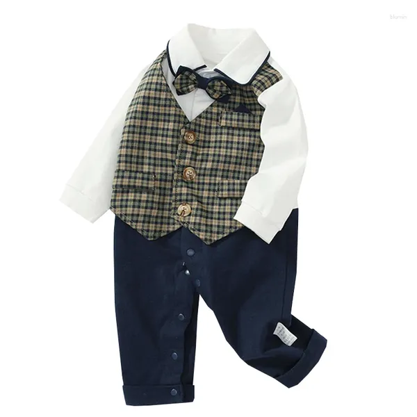 Giyim setleri erkekler sahte 3pcs tasarım bodysuit ekose ekose katı pantolonlu bebek patchwork romper bebek bahar sonbahar uzun kollu doğum günü