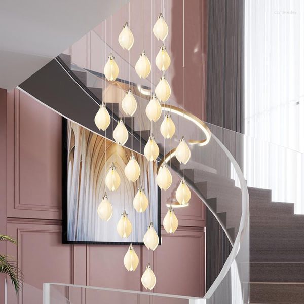 Lustres Nordic Luxury Escalier Lustre En Céramique Magnolia Pétales Suspendus Pendentif Lumières Led Villa Salon Décoration