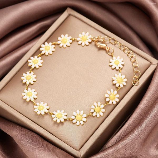 Charm Armbanden Mooie Emaille Daisy Bloem Armband Voor Vrouwen Goud Kleur Bladeren Drip Olie Hand Chain Meisjes Studenten Vriendschap Sieraden Gift