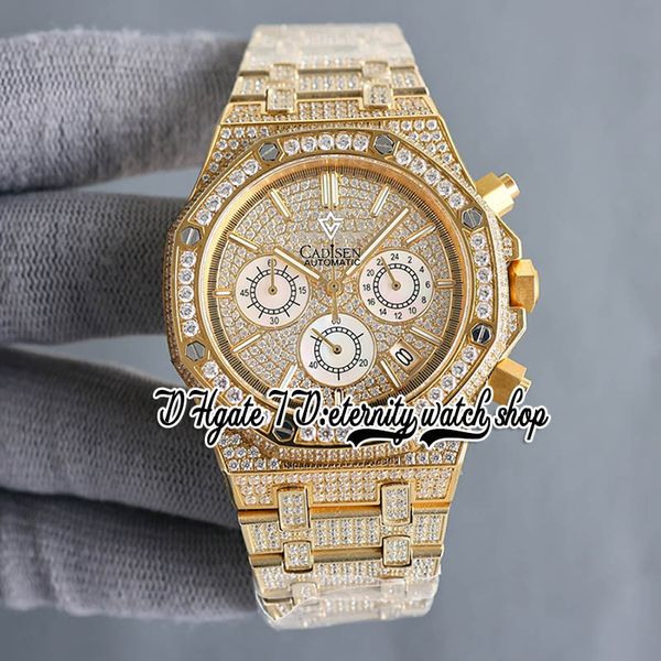 SF sf26333 Giappone Miyota Movimento cronografo al quarzo Orologio da uomo Oro giallo Iced Out Quadrante con pavé di diamanti Indicatori di bastoncini Diamanti Bracciale Orologi gioielli eternità