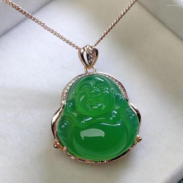 Anhänger Halsketten Grüne Jade Buddha Halskette Set 18 Karat vergoldeter Hip Hop Schmuck