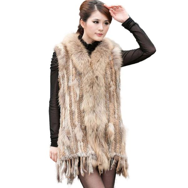 Pele feminina genuína natural real pele de coelho coletes de malha/colete/gilet casacos com borlas gola de pele de cão de guaxinim estilo longo