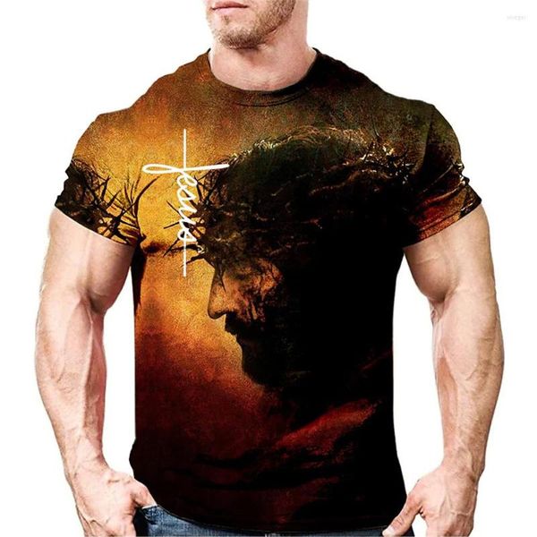 Camisetas masculinas de verão Deus Jesus 3D Impressão para homens Casual Cristianismo estilo redondo pescoço solto de manga curta tops machos de esportes diários camisetas