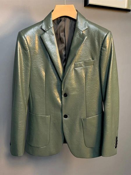 Ternos masculinos moda casual falso couro blazer único breasted fino ajuste terno de trabalho de negócios casaco estilo coreano jaqueta do plutônio