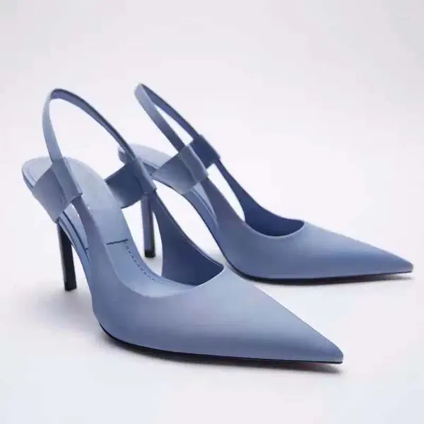 Sapatos de vestido saltos mulheres bombas marca de moda 2023 sandálias de verão azul alto stiletto senhoras apontou toe slingbacks