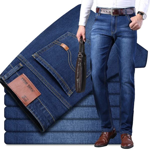 Jeans femininos negócios homens casuais estiramento reto moda clássico azul preto trabalho denim calças masculinas calças de alta qualidade roupas 231127