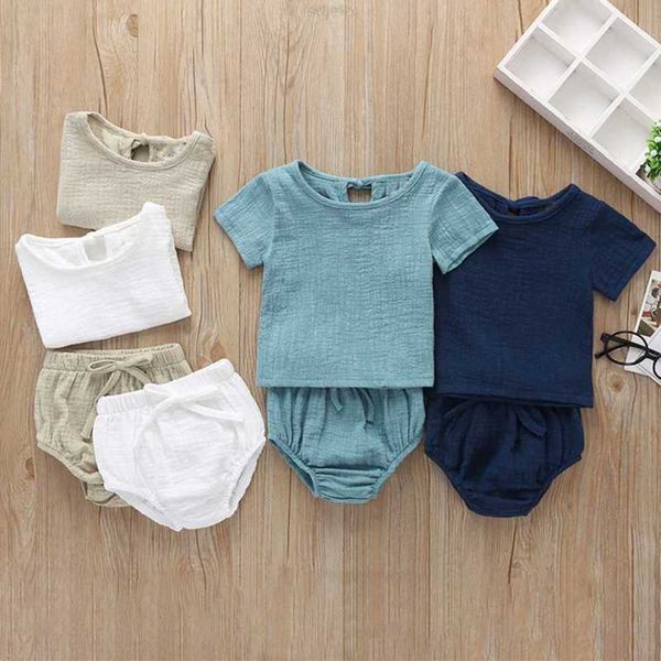 Kleidungssets Sommer Kind Baumwolle Leinen Solide Kurzarm Rundkragen T-Shirt + Shorts Anzug Säuglingsbabykleidung Outfit Set