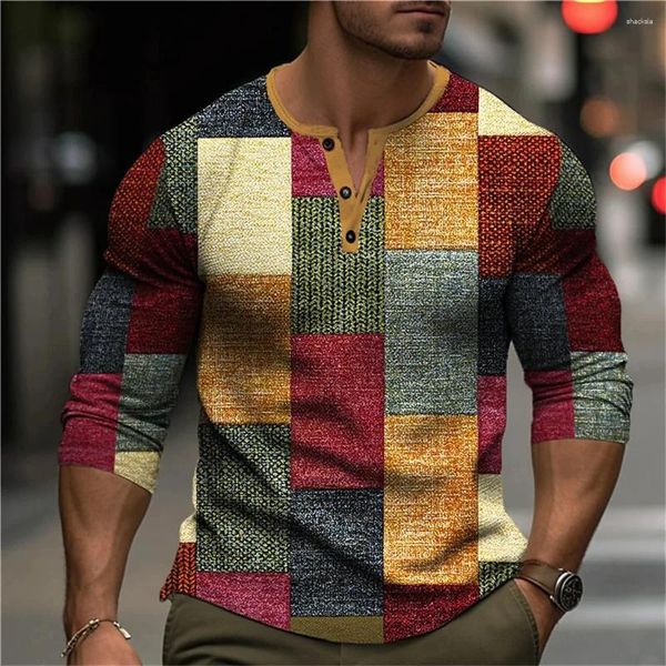 Homens camisetas Outono Color Block Patchwork 3D Impressão Henley Moda Vintage Button-Down Camisa de Manga Longa Homem Tees Tops Roupas