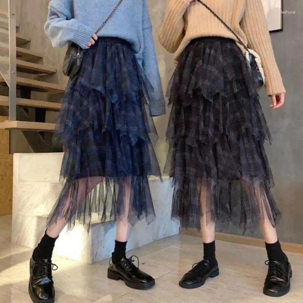 Юбки 2023, летняя эластичная сетчатая юбка с высокой талией, корейская повседневная простая темпераментная женская клетчатая длинная юбка