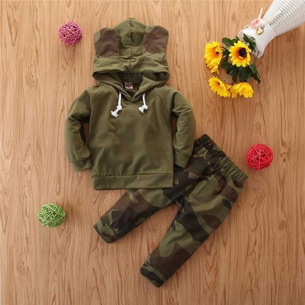 Set di abbigliamento Neonato Bambina T-shirt verde militare a maniche lunghe con cappuccio Top vestiti per bambini ragazzo