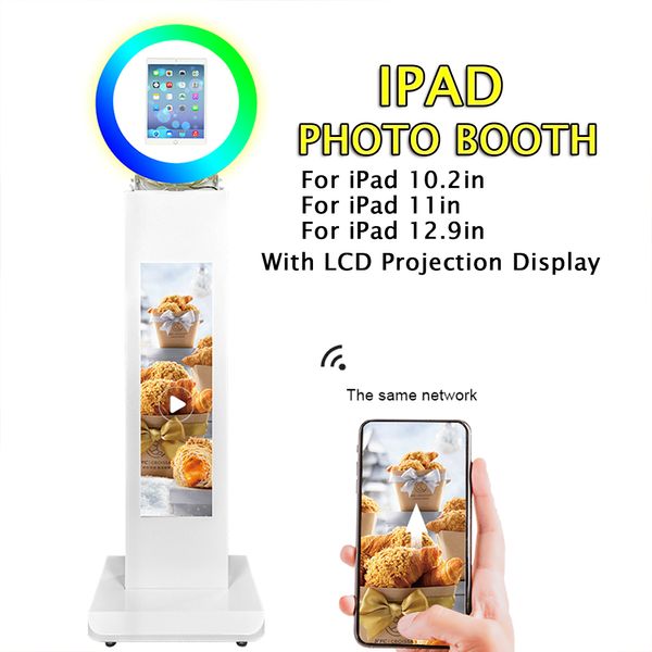 Supporto regolabile 3 in 1 per iPad Photo Booth Shell con display LCD e flight case Cabina fotografica portatile Macchina per selfie con luce ad anello a 180°