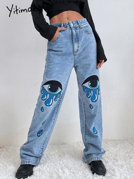 Jeans Yitimoky Jeans a vita alta Pantaloni in denim da donna Pantaloni da jogging a figura intera Vintage Streetwear Fondo 2022 Mamma Disegno o motivo colorato