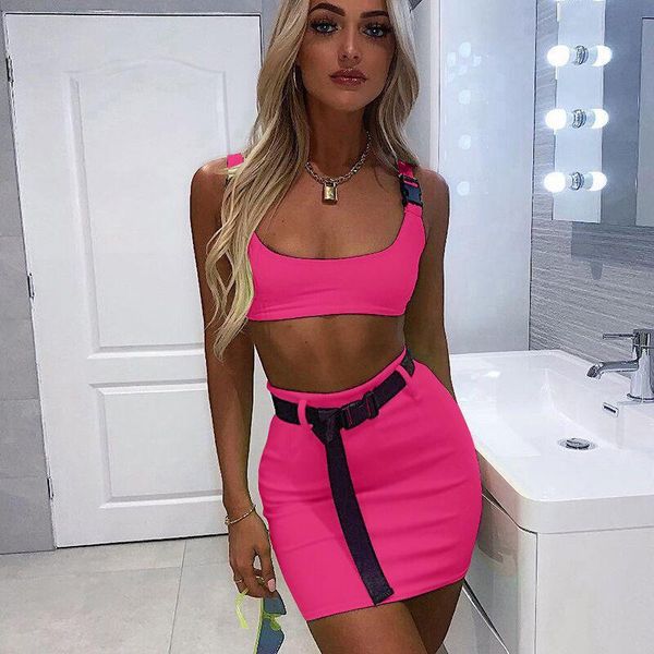 Ternos Sexy Neon Colete Top Mini Vestido Bodycon Roupas Femininas Vestido Curto Tops Casual Lápis Conjunto de Duas Peças