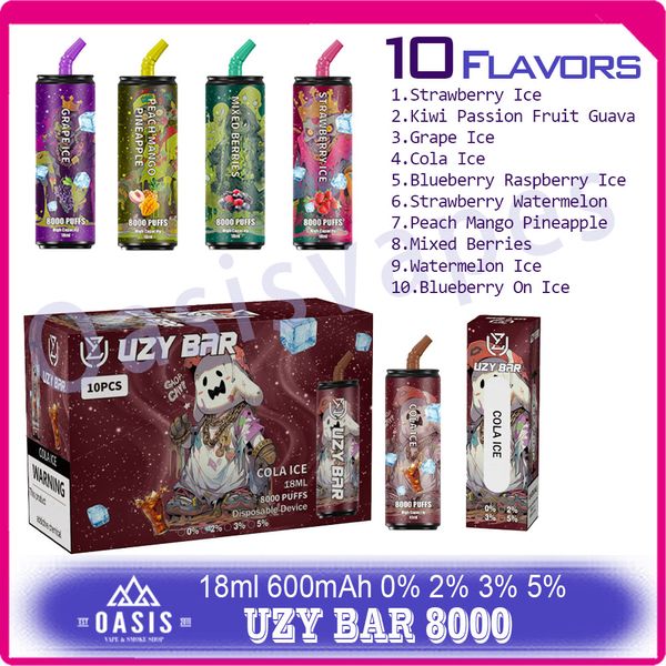 Uzy bar 8000 puff e-cigarro 18ml pré-cheio pod malha bobina 600mah bateria recarregável puffs 8k caneta vape descartável 10 sabores