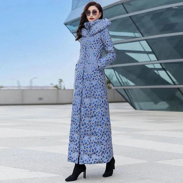 Trench da donna Giacca imbottita ultra lunga al ginocchio con cappuccio stampa leopardata fluorescente lucida calda moda femminile inverno 2023