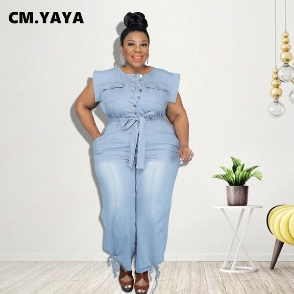 Низ CM.YAYA, большие размеры XL5XL, женский джинсовый комбинезон с короткими рукавами и поясом, цельный комбинезон, свободный уличный наряд для ночного клуба 2021