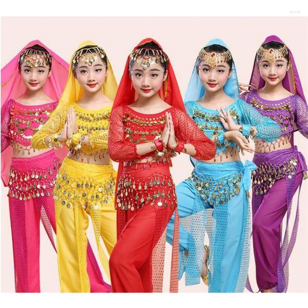 Abbigliamento da palcoscenico Costume da danza del ventre per bambini Costume per ragazze con paillettes Abiti orientali Bambini Bollywood Dancing Pantaloni con gamba all'americana