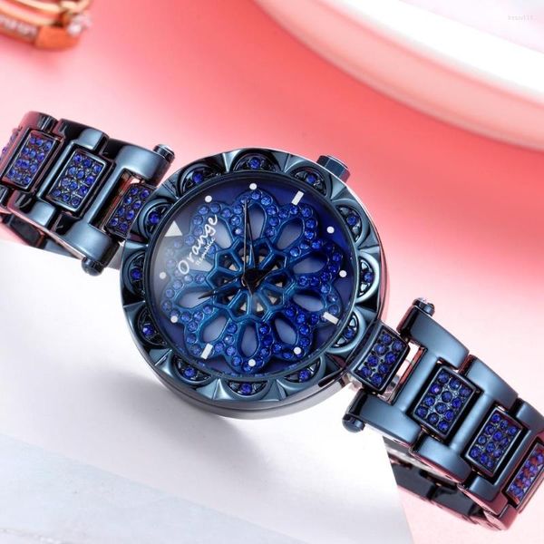 Relógios de pulso Lucky Watch Women Women Gorgeous Shinning Flower Dial de 360 ​​graus Rotação de pétal