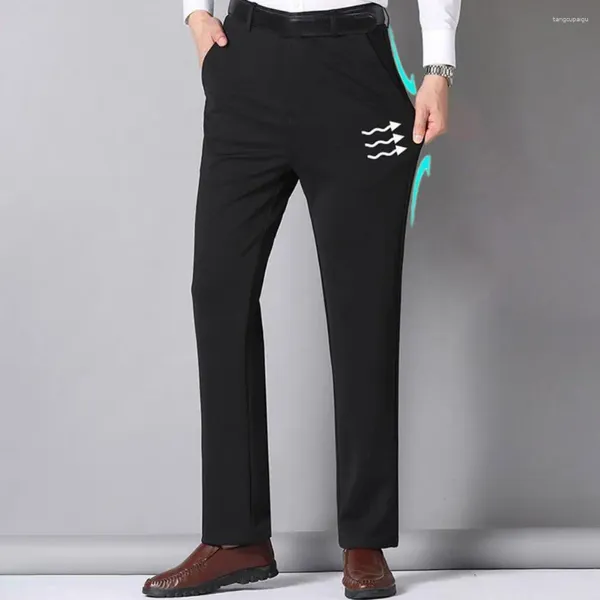 Calças masculinas homens terno em linha reta magro ajuste cintura alta profunda virilha espessada plush quente bolso formal estilo de negócios pai calças de escritório