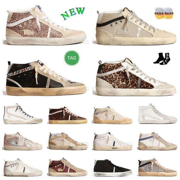 Herren-Damen-Freizeitschuhe der italienischen Marke Mid Star High-Top-Sneakers in Gold, lila Glitzer mit hellblauen Wildledereinsätzen, Slide, Weiß, Schwarz, Taupe, berühmte Sneaker-Plattform