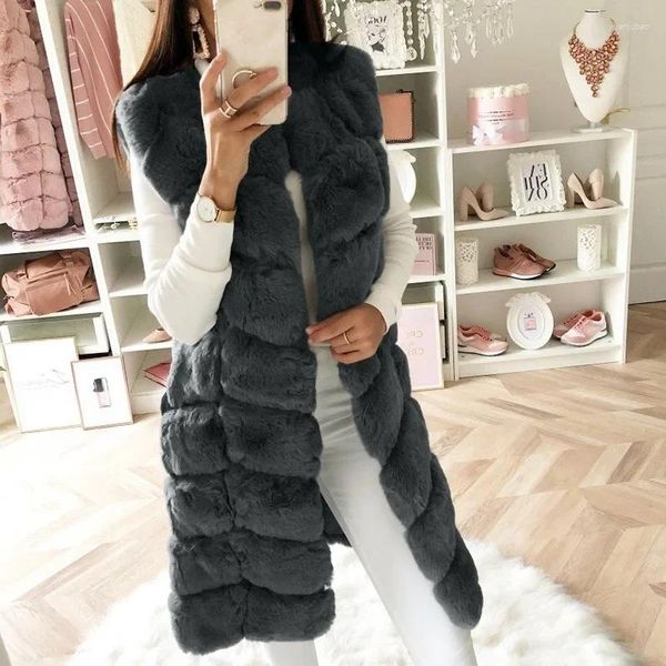 Pele feminina moda feminina colete de luxo casaco elegante quente grosso falso sem mangas tipo longo inverno outwear