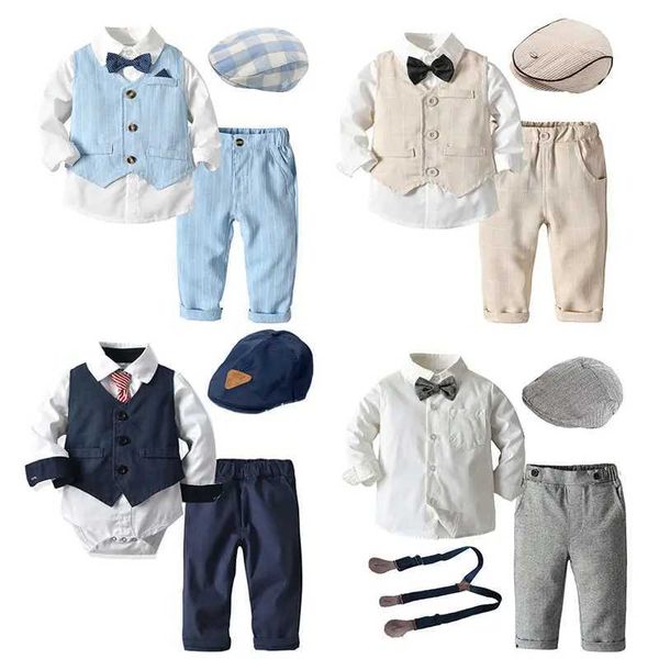 Conjuntos de roupas para bebês meninos, conjuntos de roupas para meninos recém-nascidos, manga comprida, tops + colete + chapéu + macacão, 4 peças, roupas de outono para crianças