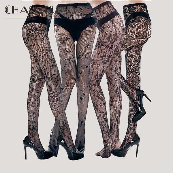 Сексуальные носки Chaushu 4 пары, женщины, рыбные сеть черные цветы звезды, паутины, паутины, девочки, жесткие эластичные трусики, набор 230427