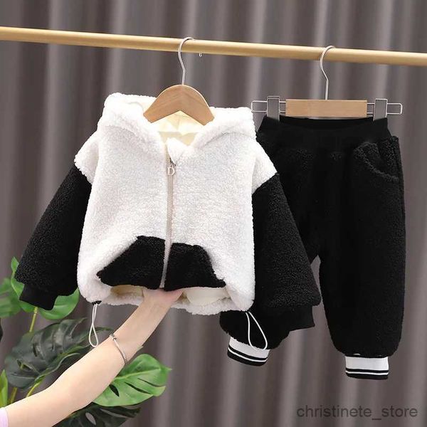 Kleidungssets Mode Wolle Kleidung Anzug Baby Mädchen Jungen Fleece Gepolsterte Mäntel + Hosen 2 Stücke Kinder Panda Cartoon Outfits Kinder Kleidung Sets R231127