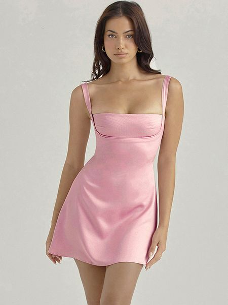 Vestidos casuais aniversário para mulheres A-line rosa sexy cetim festa de férias mini espaguete strap graduation alongamento 230427