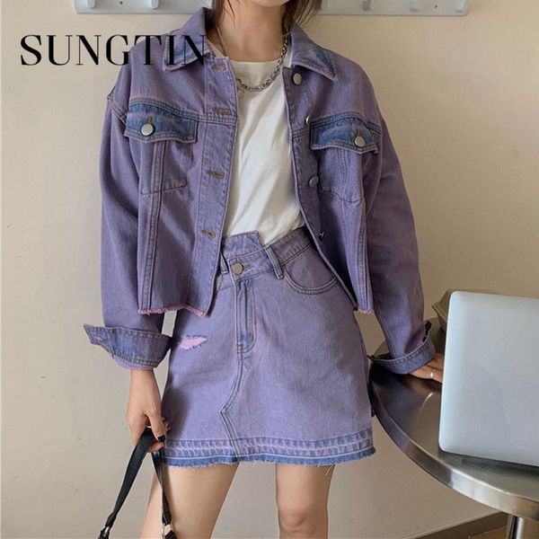 Ternos Sungtin vintage jeans de duas peças conjuntos de mulheres irregulares uma saia de linha de linha maça de lady roxo elegante jeasta